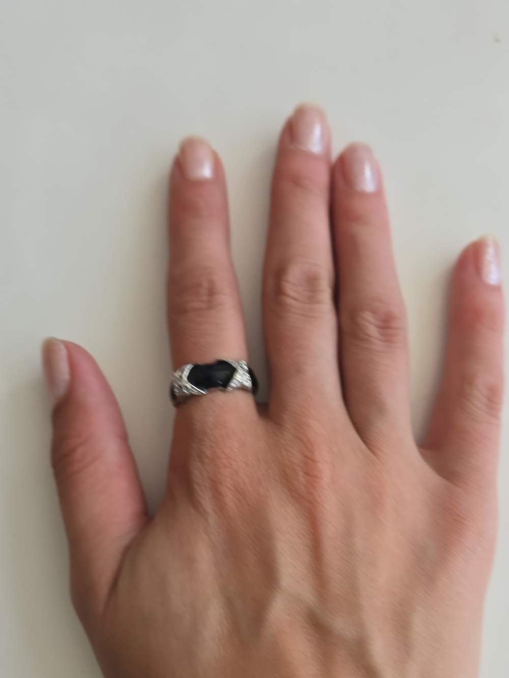 VTG Silver, Black Enamel & Rhinestone Ring Size 7
